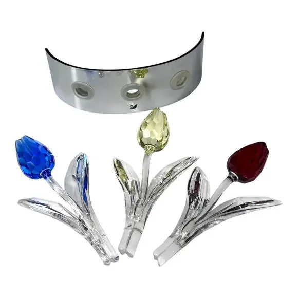 Swarovski Crystal 3 TULIP FLOWERS & DISPLAY STAND Holder Red Yellow Blue 3-1/2